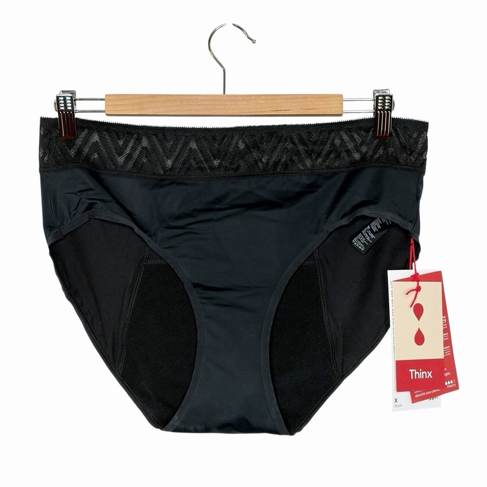 Thinx Hiphugger Period Underwear Black Womens Size 1X Lace Trim Heavy Flow